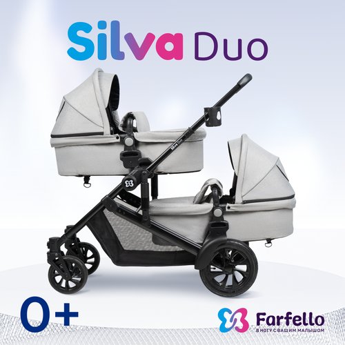 Детская коляска-трансформер для двойни Silva Duo Farfello, с рождения до 3 лет, цвет светло-серый