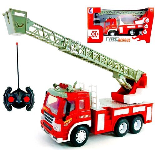 Радиоуправляемая пожарная машина 5A-454, светятся передние фары, выдвижная лестница, машина на пульте управления, аккумулятор, 26х15х10 см