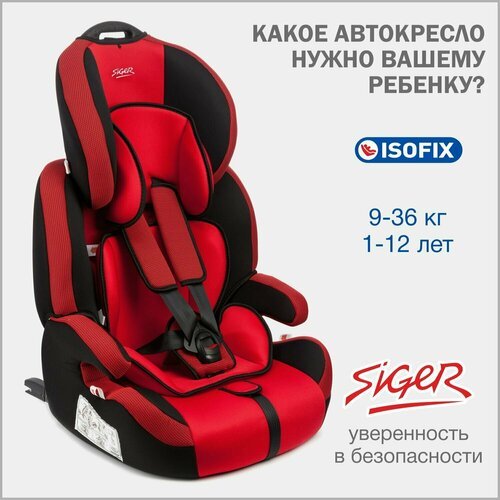 Автокресло детское Siger Стар IsoFix от 9 до 36 кг, красное