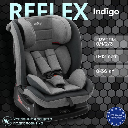Автокресло Indigo REFLEX растущее 0-36 кг, группа 0,1,2,3, св. серый-серый